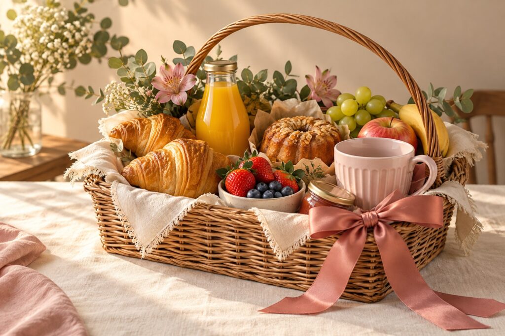Cesta de café da manhã com croissants, frutas e laço rosa